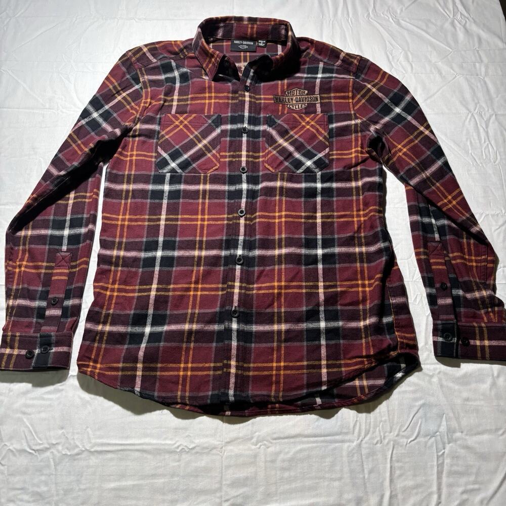 Harley Davidson Mens Flannel Shirt Plaid Red Black Embroidered Logo 96439-17VM